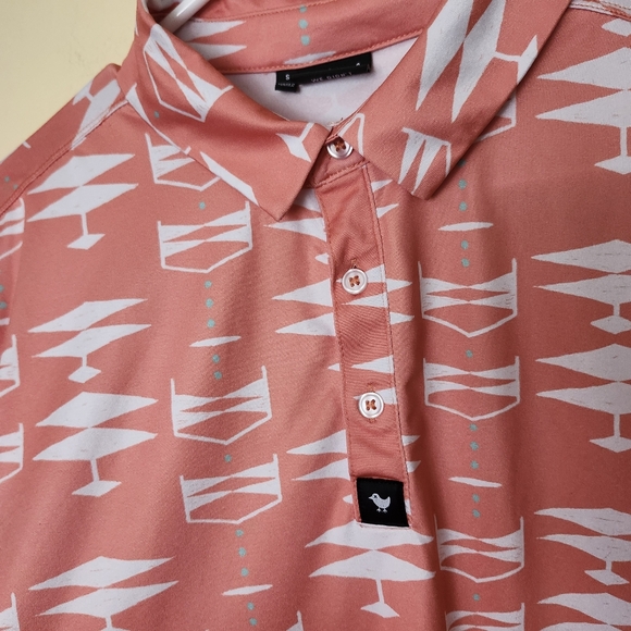 Bad Birdie coral and white geometric patterned golf polo Shirt men's size Small - Picture 6 of 11